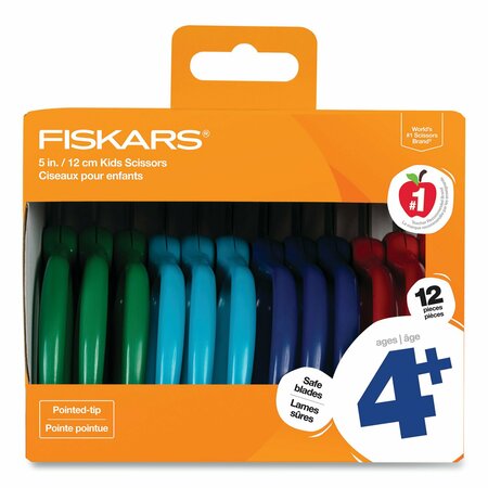 FISKARS Kids Scissors, Pointed Tip, 5in. Long, 1.75in. Cut Length, Straight Handles, Assorted Colors, 12PK 1067002